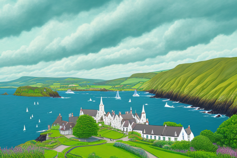 the scenic Cushendun village highlighting its quaint cottages, lush green landscapes, and the stunning coastline with the backdrop of dramatic cliffs, hand-drawn abstract illustration for a company blog, in style of corporate memphis, faded colors, white background, professional, minimalist, clean lines