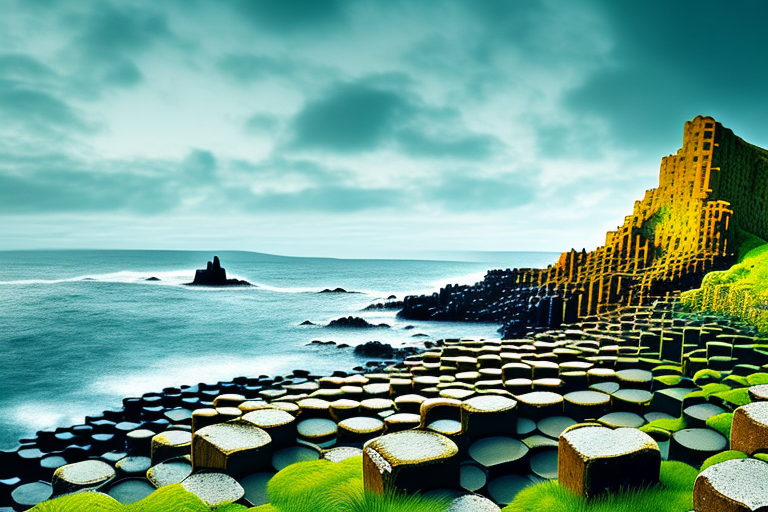 the Giant's Causeway, a unique rock formation in Ireland, with a massive boot and a four-leaf clover, symbolizing the legend of Finn McCool, hand-drawn abstract illustration for a company blog, in style of corporate memphis, faded colors, white background, professional, minimalist, clean lines