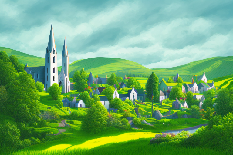 the picturesque Irish village of Armoy, with its rolling hills, lush greenery, and traditional architecture, hand-drawn abstract illustration for a company blog, in style of corporate memphis, faded colors, white background, professional, minimalist, clean lines