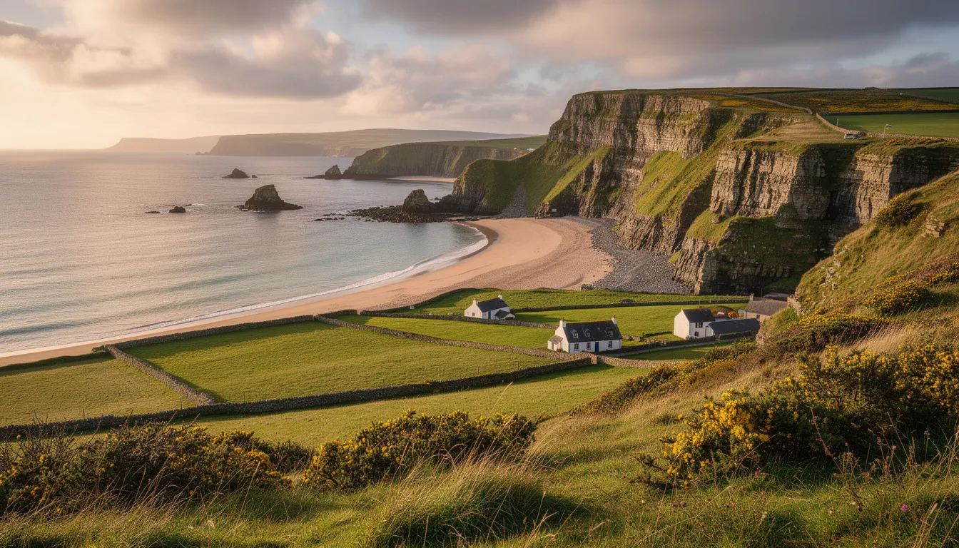 The image depicts a stunning coastal view of Ballycastle Bay, showcasing the traditional Northern Ireland landscape with rolling hills and vibrant greenery. In the foreground, the tranquil waters of the bay reflect the sky, while the backdrop features the picturesque cliffs typical of the north coast, making it an ideal spot for visitors looking to explore the beauty of County Antrim.