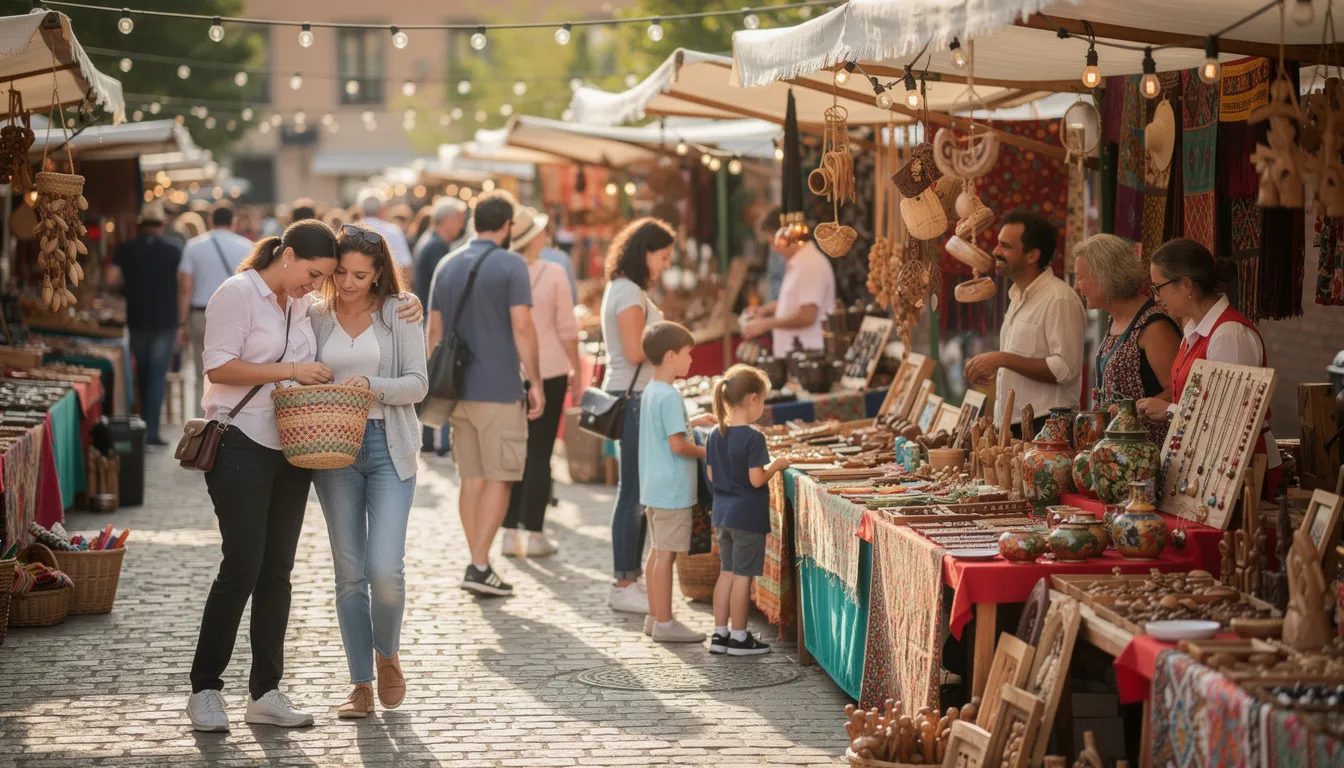 A bustling weekend market scene at Ballycastle Marina features visitors browsing vibrant stalls filled with local crafts, surrounded by the stunning natural beauty of County Antrim. The lively atmosphere invites tourists to explore nearby attractions while enjoying the picturesque views of Ballycastle Beach and the Antrim Coast.