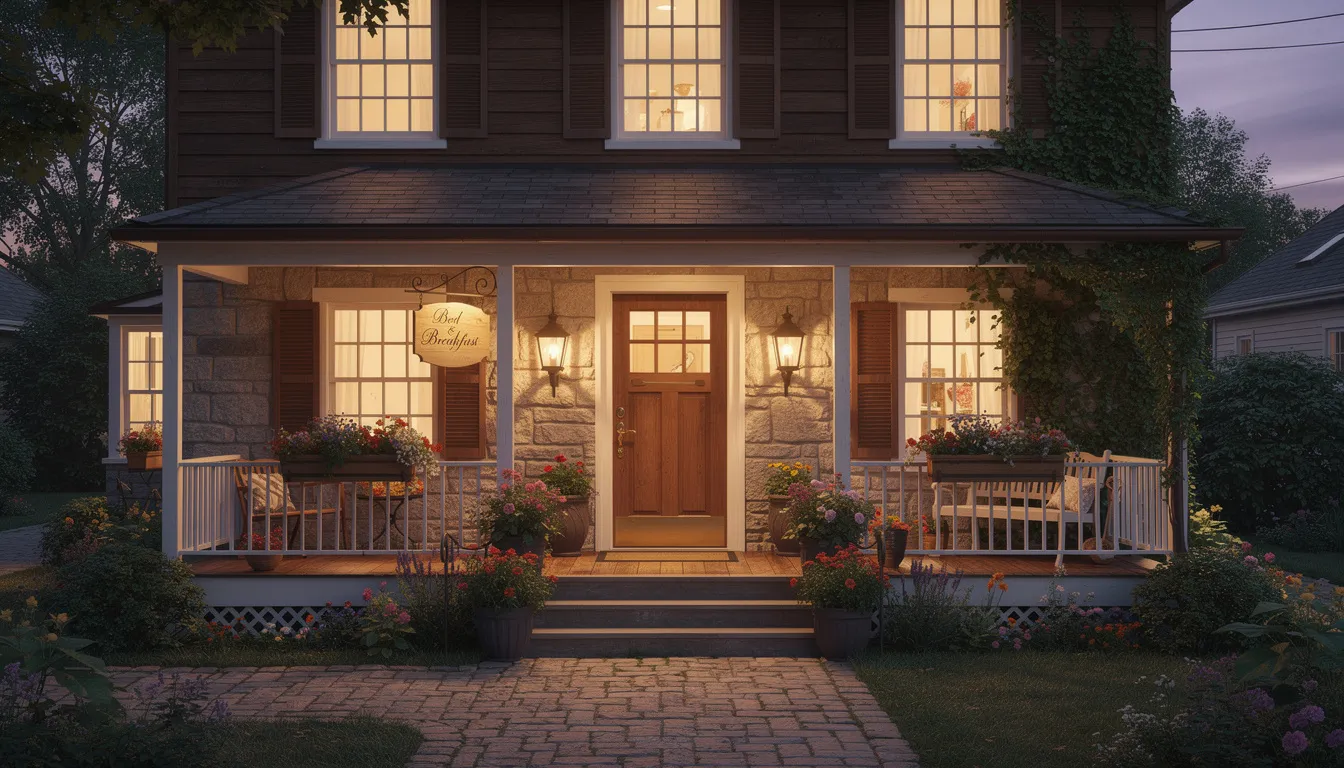 The image depicts a cozy traditional bed and breakfast with a welcoming entrance, surrounded by a tranquil garden view. This charming property in Northern Ireland features free private parking and offers comfortable rooms, making it an ideal base for guests exploring the nearby Ballycastle beach and golf club.