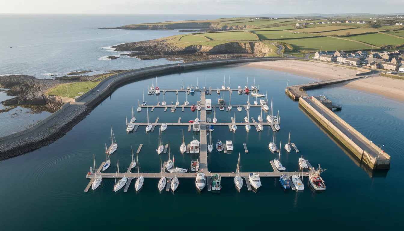 An aerial view of Ballycastle marina showcases its pontoons and vessels, surrounded by the stunning coastline of Northern Ireland. The vibrant seaside town features Ballycastle beach and offers breathtaking views of the Antrim coast, inviting visitors to explore nearby attractions like Rathlin Island and the Giant's Causeway.