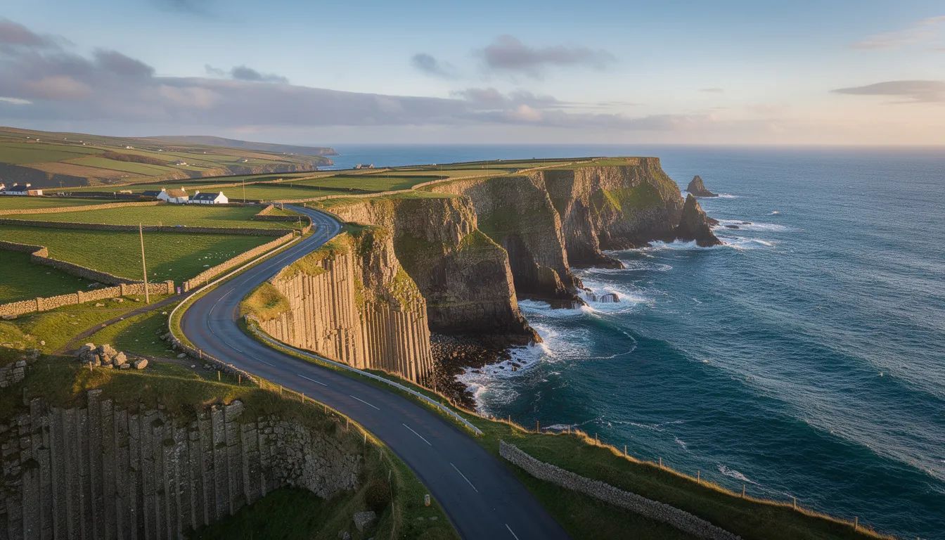 The image captures a scenic view of the Causeway Coastal Route in Northern Ireland, showcasing dramatic cliffs and lush green countryside alongside the Atlantic Ocean. This popular tourist destination features stunning views of the coastline, with glimpses of the nearby Ballycastle Marina and the picturesque town of Ballycastle in the background.