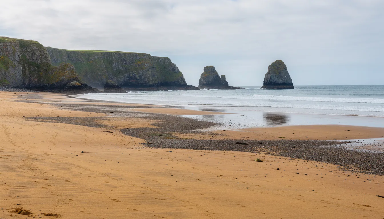 A panoramic view of Ballycastle Beach showcases its golden sand and shingle areas, framed by the Pans Rock formation and coastal cliffs in the background. This stunning scene, part of the Causeway Coastal Route in Northern Ireland, highlights the area's outstanding natural beauty and popular tourist destination appeal.