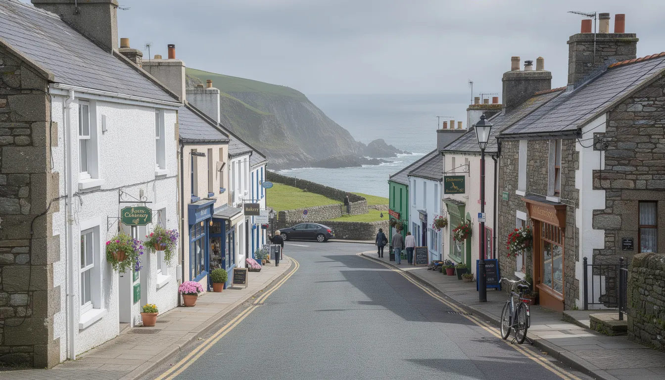 The image depicts a charming street scene in a coastal village in Northern Ireland, showcasing traditional architecture and vibrant local shops, with stunning views of the distant ocean and the shoreline. This picturesque area, part of the Causeway Coastal Route, is a popular tourist destination, offering glimpses of the natural beauty of the Antrim Coast.