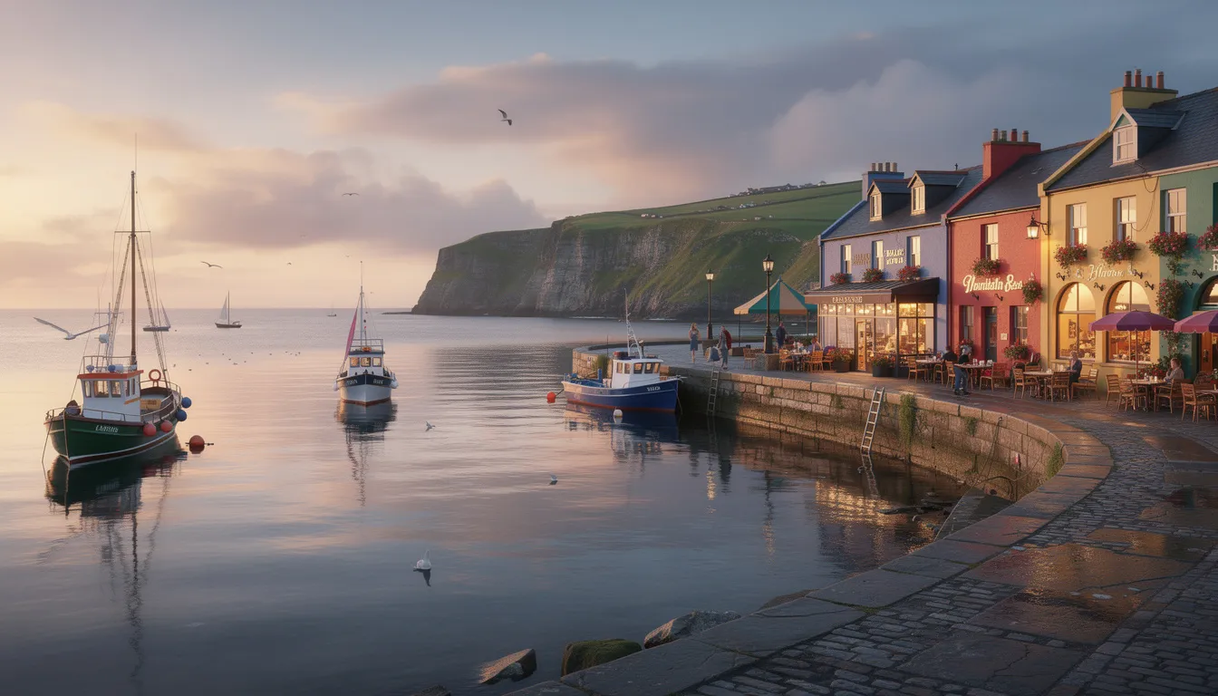The image showcases a scenic view of Ballycastle harbor, featuring charming restaurants like the Lookout Restaurant and Salthouse Bar along the waterfront, where visitors can enjoy great food and drinks while taking in breathtaking views of the ocean. The vibrant atmosphere is perfect for friends looking to relax and enjoy live music, making it an ideal spot for a memorable dining experience in County Antrim, Northern Ireland.