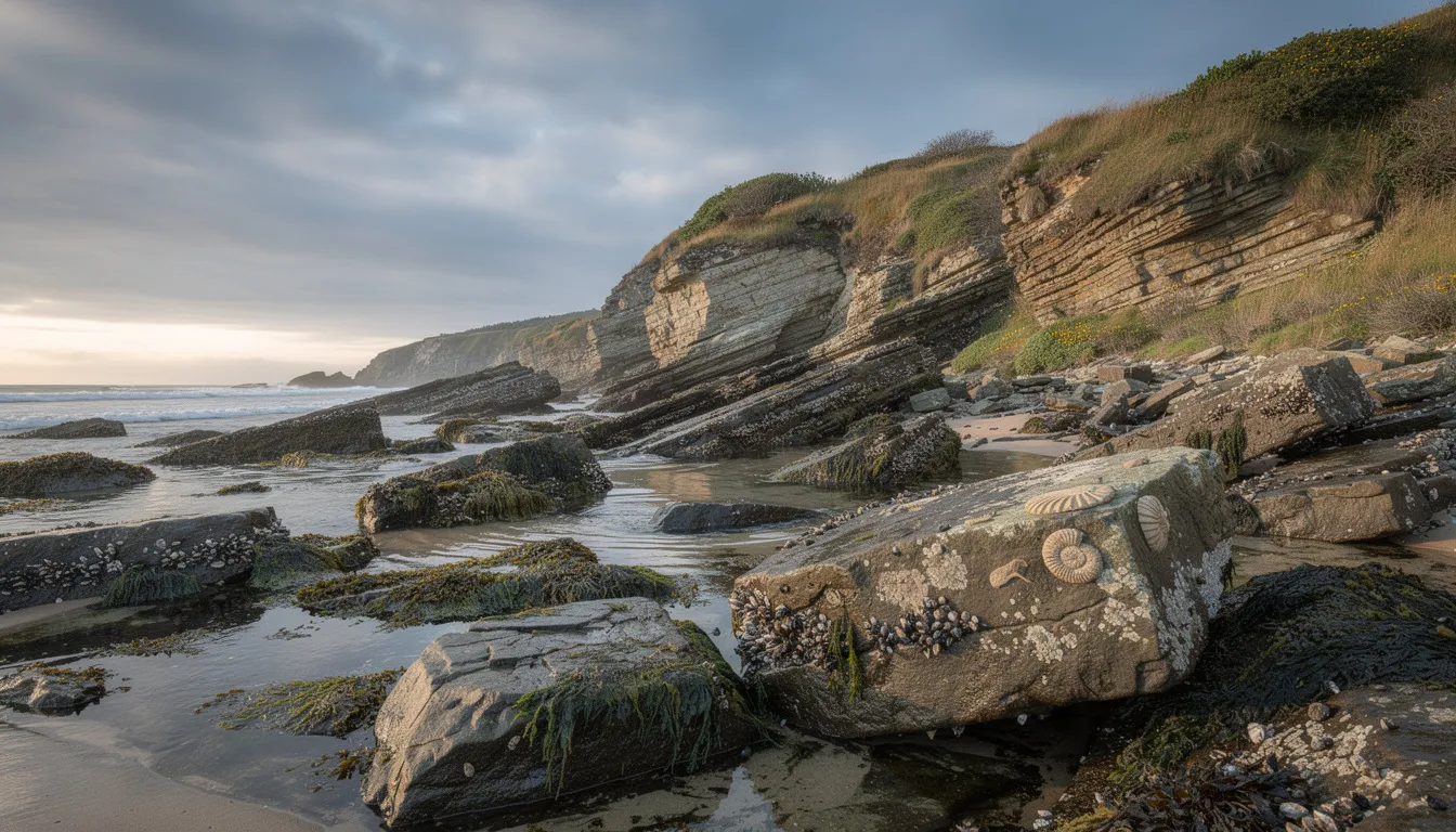 The image showcases dramatic coastal rock formations along the eastern shore of Northern Ireland, featuring geological layers and fossil-bearing rocks, with diverse maritime vegetation. The stunning views highlight the natural beauty of the area, which is part of the popular tourist destination along the Causeway Coastal Route, near Ballycastle Marina.