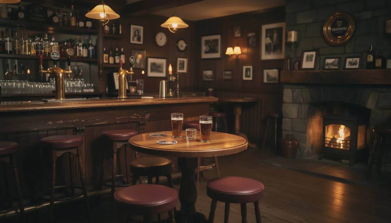 The image depicts a cozy interior of a traditional Irish pub, featuring wooden furnishings and warm lighting that creates an inviting atmosphere for friends to relax and enjoy great food and drinks. This charming setting is perfect for live music and dining experiences in County Antrim, Northern Ireland.