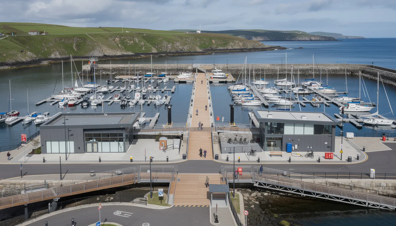 The image depicts the modern marina facilities at Ballycastle Marina, showcasing a bustling pier lined with boats, accessible walkways, and coastal infrastructure against the stunning backdrop of the Antrim coast. This popular tourist destination in Northern Ireland offers picturesque views of the shallow marine bay and surrounding natural beauty.