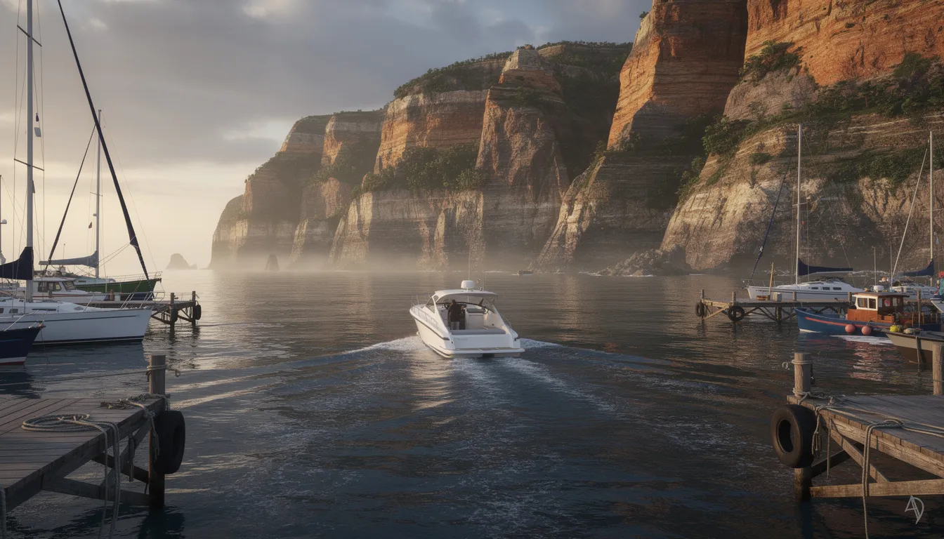 A boat is departing from Ballycastle Marina, with dramatic coastal cliffs rising majestically in the background, showcasing the stunning views of Northern Ireland's Antrim Coast. The scene captures the peaceful atmosphere of this seaside town, inviting visitors to explore nearby attractions and enjoy the natural beauty of the coastline.