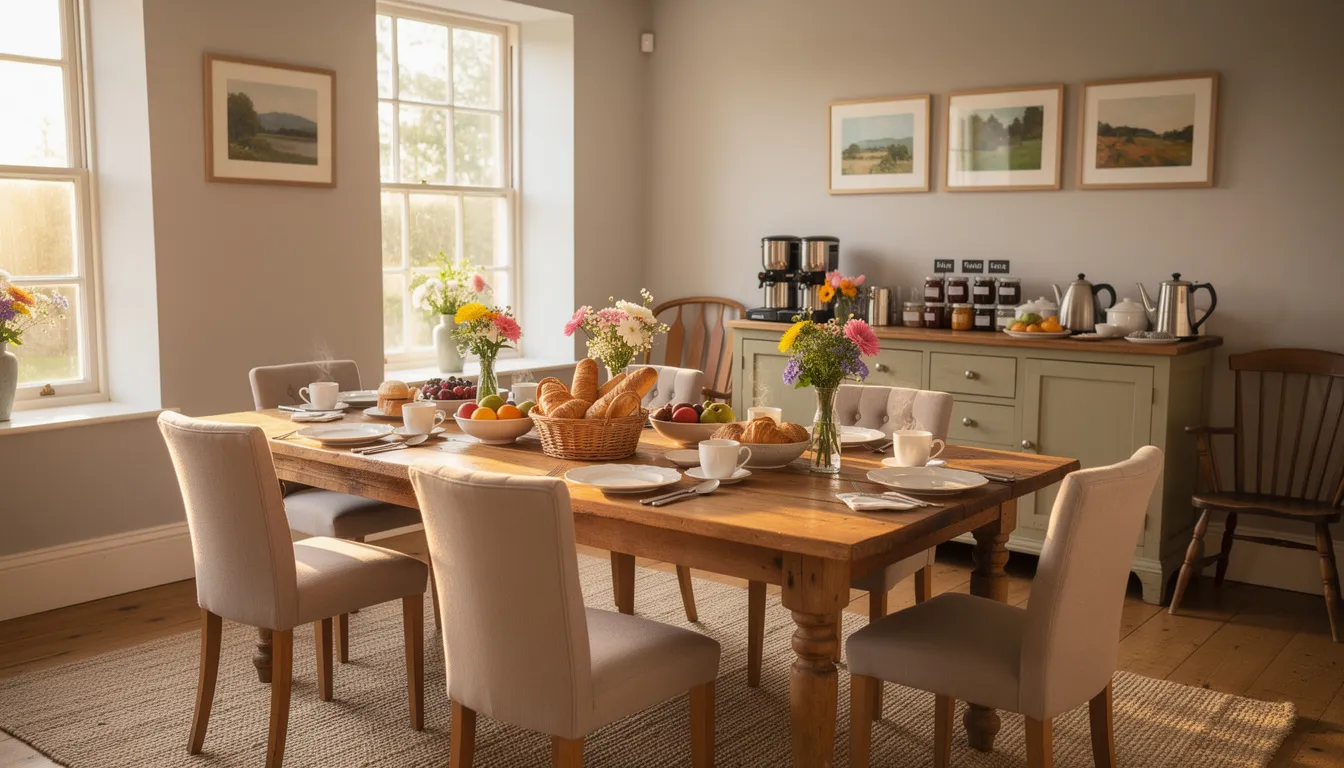 The image depicts a warm and inviting breakfast room setup in a comfortable bed and breakfast, featuring neatly arranged tables with fresh flowers and breakfast items, creating a welcoming atmosphere for guests. This cozy space is ideal for enjoying a morning meal before exploring the beautiful surroundings of Ballycastle and Northern Ireland.