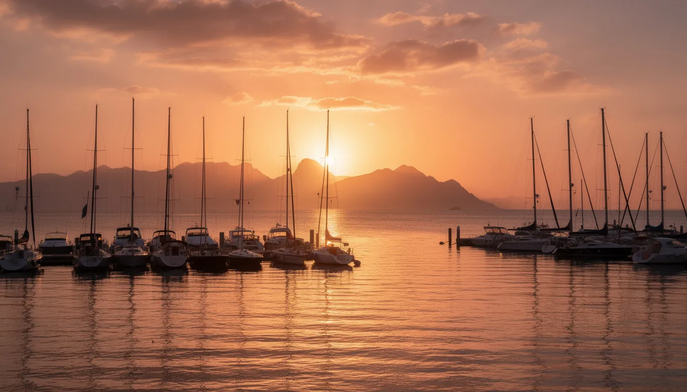A stunning golden sunset casts a warm glow over Ballycastle Marina, with silhouetted boats gently bobbing in the water against the backdrop of coastal mountains. This picturesque scene captures the natural beauty of Northern Ireland's Antrim Coast, inviting visitors to explore nearby attractions and enjoy the peaceful atmosphere of this seaside town.