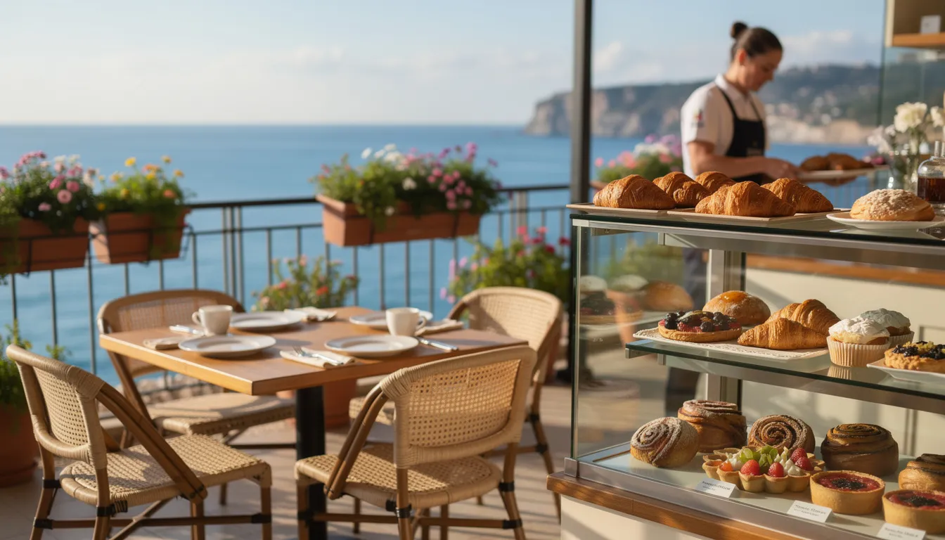 The image depicts an outdoor cafe seating area at the Lookout Restaurant, featuring breathtaking coastal views and a display of fresh pastries. Patrons can enjoy great food and drinks while relaxing with friends in this inviting atmosphere in Ballycastle, Northern Ireland.