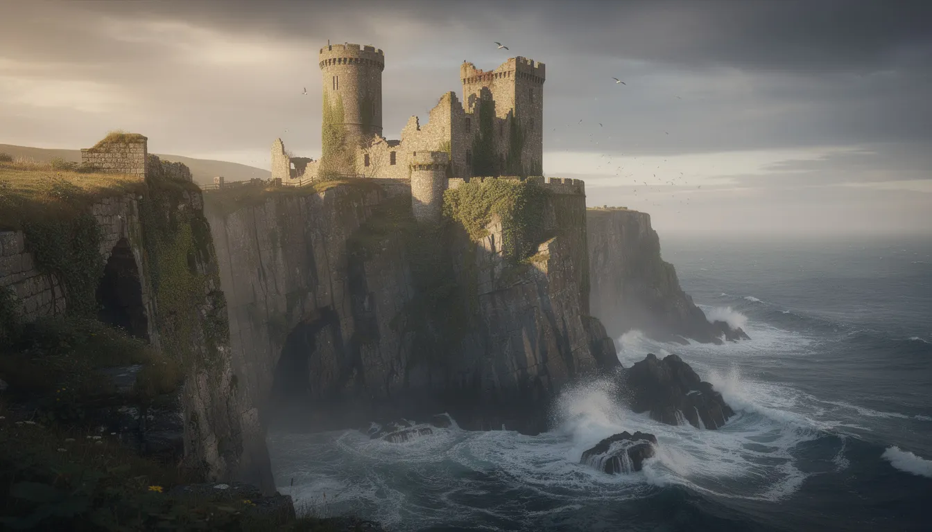 The image depicts dramatic coastal cliffs and ancient castle ruins overlooking the sea, showcasing the stunning coastline of Northern Ireland. The scene captures the natural beauty of the Antrim coast, with breathtaking views that invite exploration of nearby attractions such as Ballycastle beach and the vibrant seaside town of Ballycastle.
