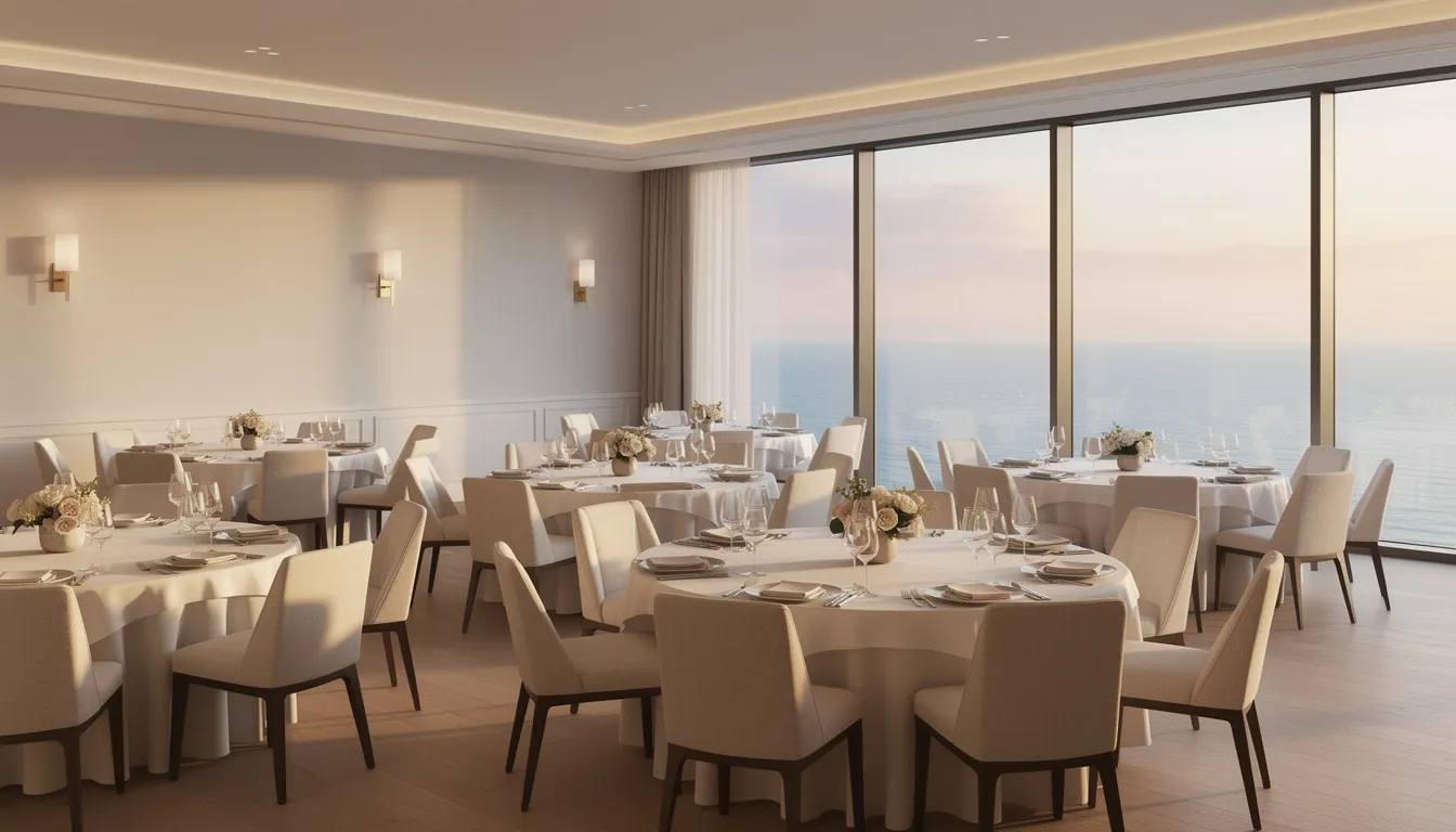 The image depicts an elegant private dining room setup featuring round tables adorned with fine tableware, all while offering breathtaking coastal views of the ocean. This inviting space at the Lookout Restaurant in Ballycastle is perfect for enjoying great food and drinks with friends, creating unforgettable memories.