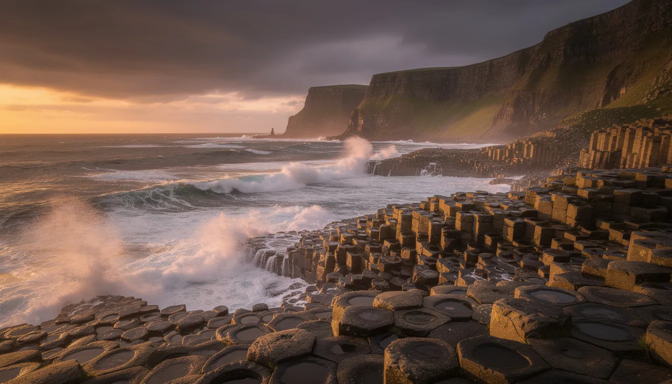 The image depicts the dramatic coastal landscape of Giant's Causeway, showcasing its unique hexagonal rock formations along the rugged northern Ireland coast. This iconic site, surrounded by stunning natural beauty, is a popular destination for visitors exploring County Antrim.